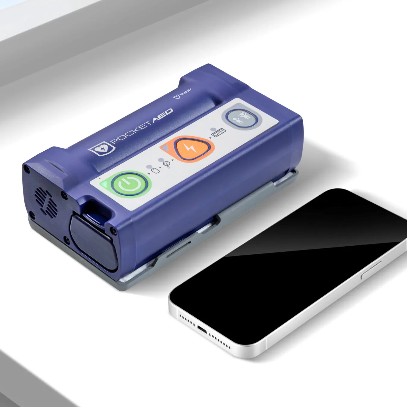 Defibrillatore portatile ViVest Pocket P3 accanto a uno smartphone